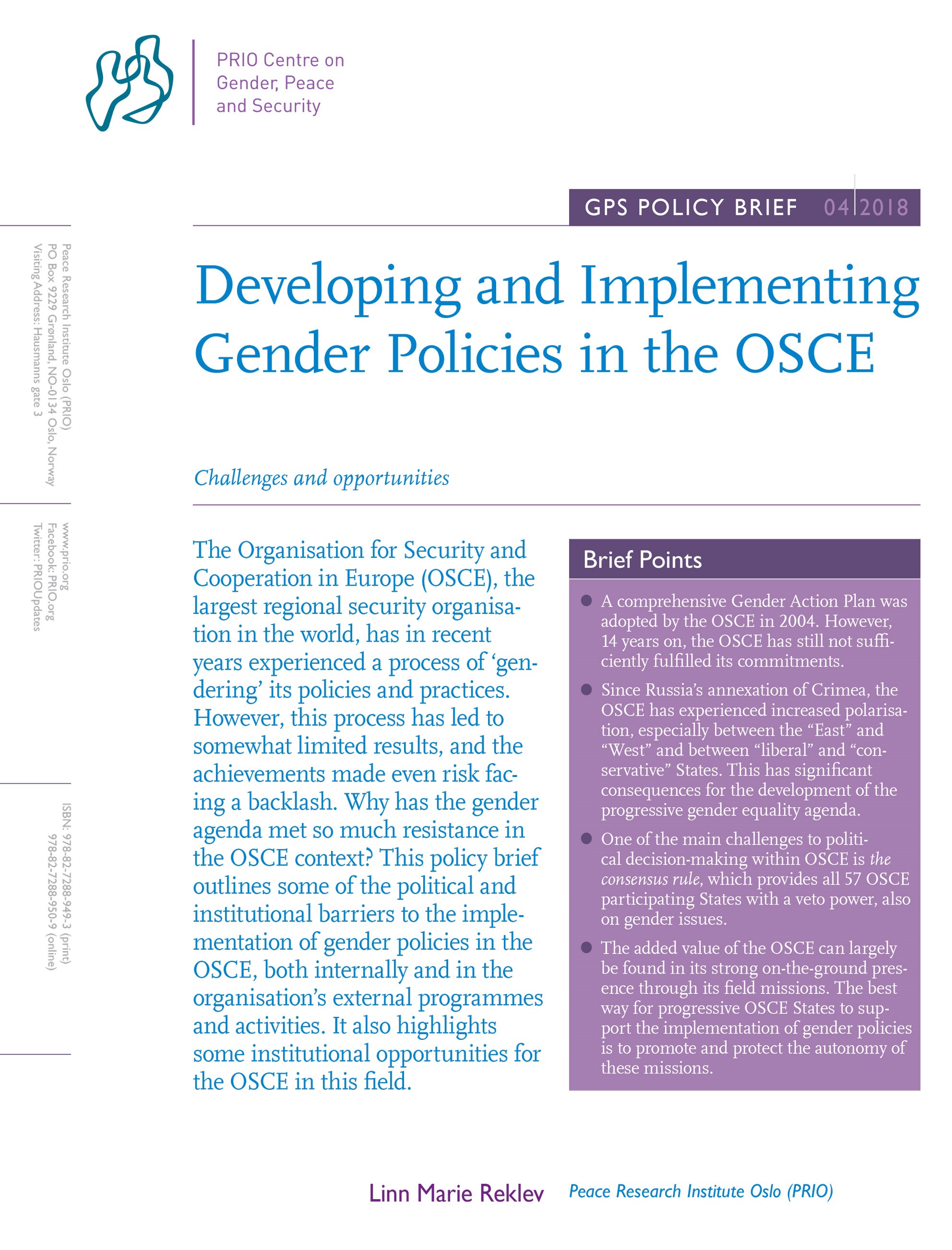 Developing And Implementing Gender Policies In The Osce Challenges And